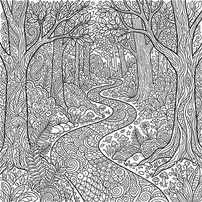 Embark on a meditative coloring journey with this stunning Zentangle forest path. Each element of the woodland scene is filled with intricate patterns, offering hours of relaxing creativity.