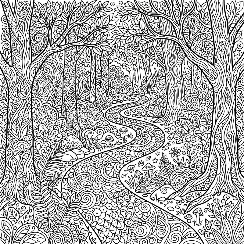 Embark on a meditative coloring journey with this stunning Zentangle forest path. Each element of the woodland scene is filled with intricate patterns, offering hours of relaxing creativity.