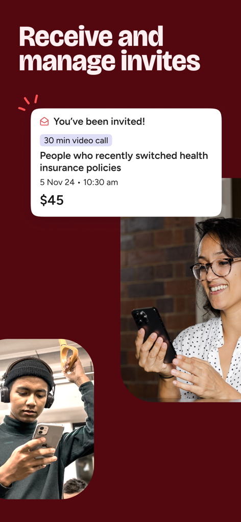 Askable - Askable app interface showing a forty-five dollar invitation for a paid market research video call