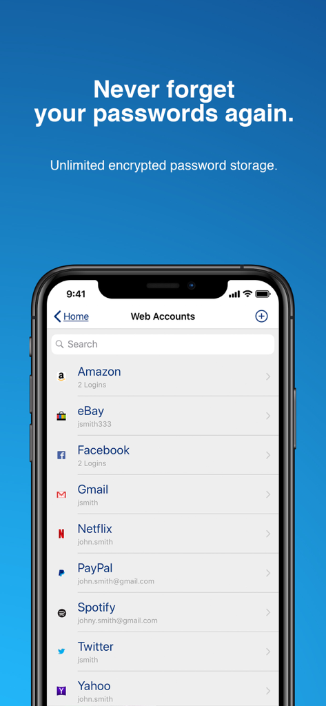 Interfaz de la aplicación Sticky Password Manager mostrando una lista de cuentas web cifradas en un smartphone