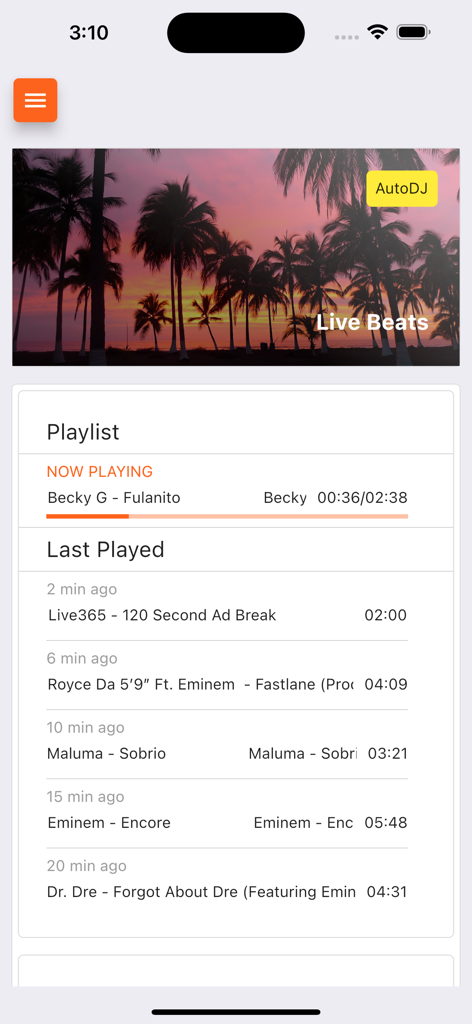 Tableau de bord de Live365 Broadcaster montrant la chanson actuelle et l'historique des pistes récemment jouées pour une station de radio