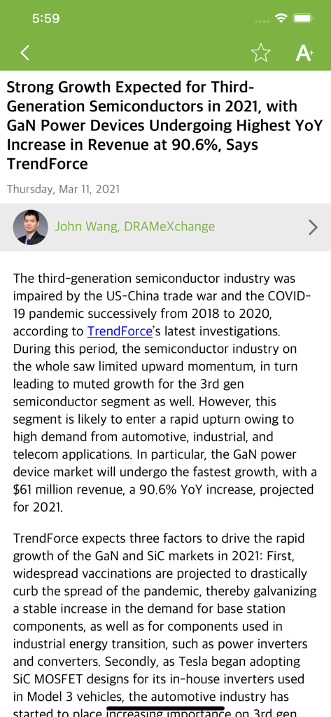 TrendForce app interface showing a detailed semiconductor market analysis article