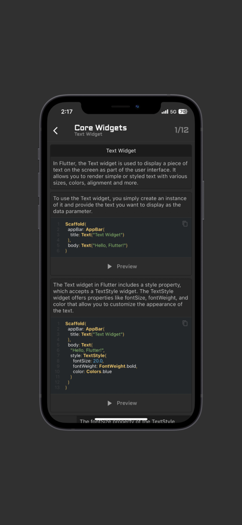 Una pantalla de tutorial de la aplicación FlutterLab Pro que muestra fragmentos de código y descripciones para el widget de texto de Flutter con opciones de vista previa interactiva.