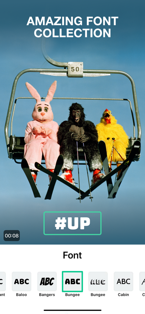 Uma captura de tela do Editor de Vídeo Magisto mostrando um menu de seleção de fontes abaixo de uma pré-visualização de vídeo de pessoas fantasiadas em um teleférico.