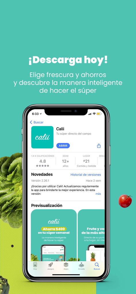 Calii - iPhone displaying the Calii grocery delivery app store page surrounded by fresh lettuce and a tomato