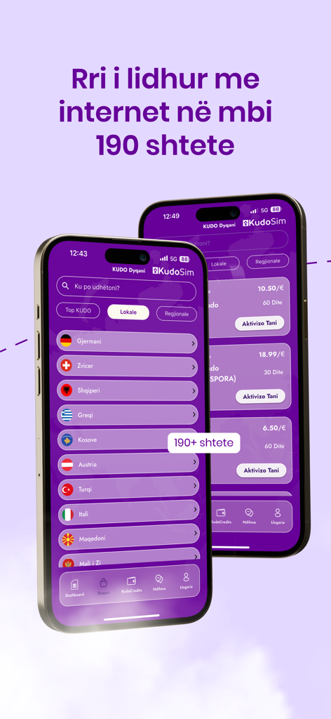 Kudo eSIM - Kudo eSIM mobile app interface showing a list of over 190 countries for internet connectivity