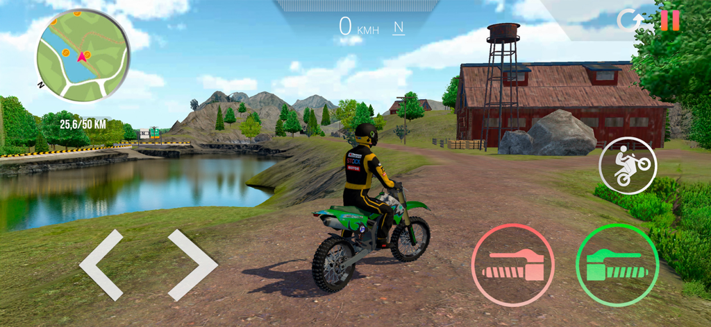 Una moto de cross en un camino de tierra en un paisaje rural con un lago y montañas al fondo.