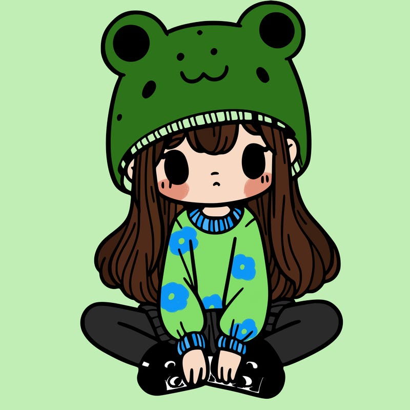 a girl wearing a frog hat and some frog socks