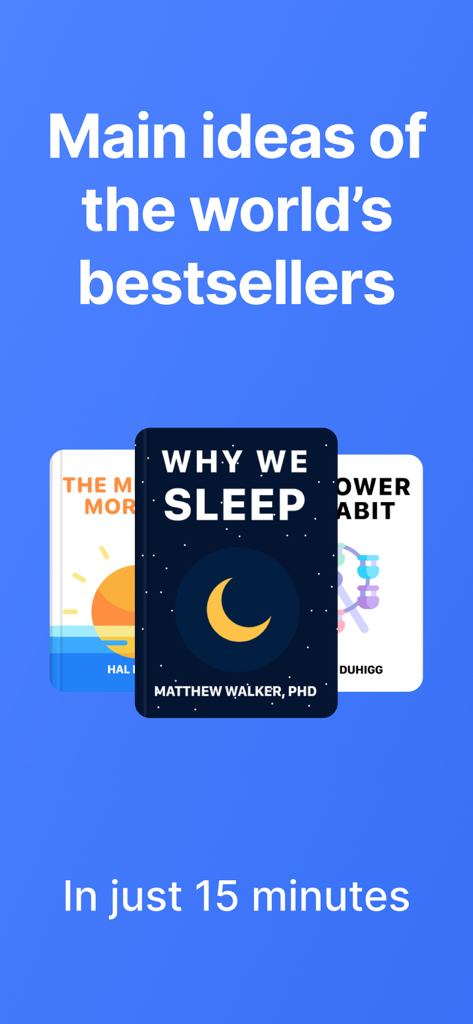Promotional screen for Book Summaries app showing key ideas from bestsellers in 15 minutes