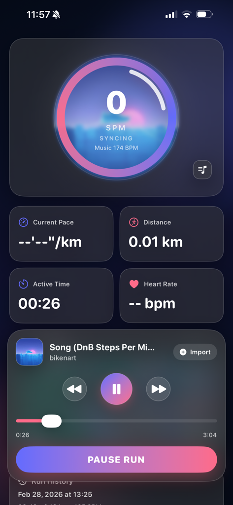 Runner BPM - Runner BPM app screen showing cadence sync and run performance metrics