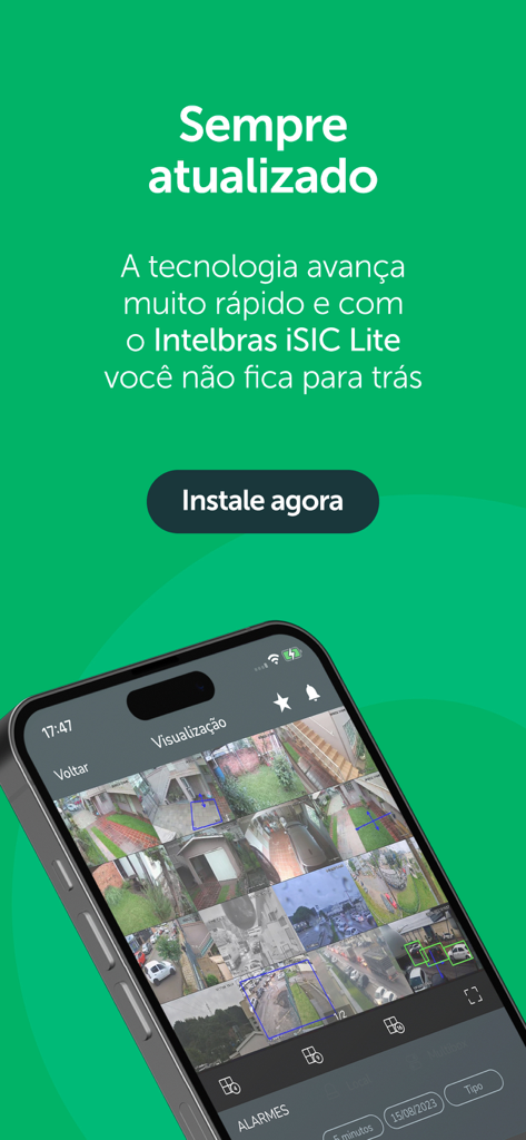 Smartphone mit mehreren Live-Sicherheitskamerabildern in der Intelbras ISIC Lite App