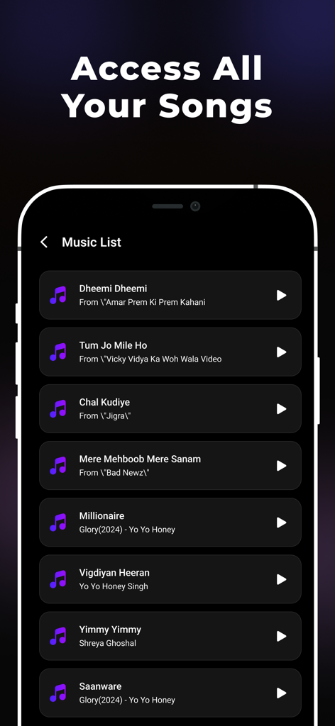DJ Mixer - AI Vocal Remover - A mobile interface displaying a list of songs with play buttons under a heading that says Access All Your Songs.