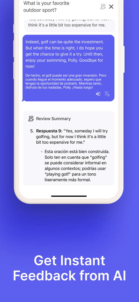 PolyPal English: Speak AI Chat - PolyPal English app showing instant AI feedback on conversation