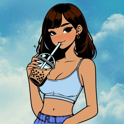 realistic girl drinking boba with a crop top