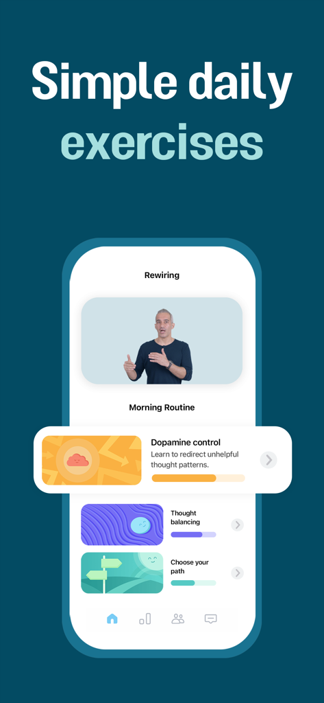 Brainbuddy: Quit Porn Now - Interfaz de la aplicación Brainbuddy que muestra ejercicios diarios para el control de la dopamina y actividades de rutina matutina para la reprogramación del cerebro.