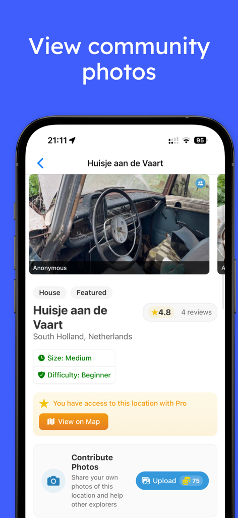 UrbexVault - UrbexVault app interface showing community photos and location details for an urban exploration site