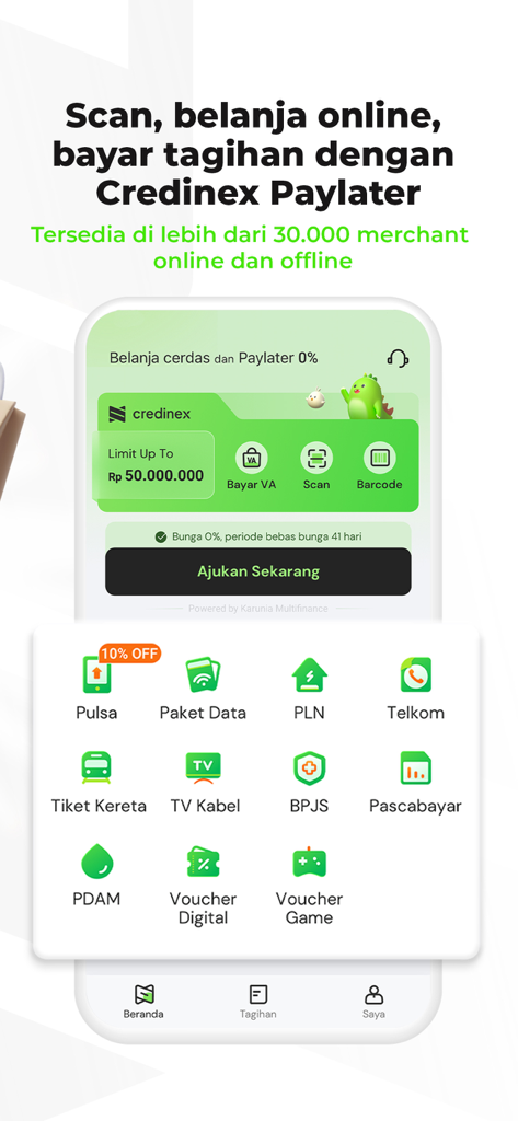 Credinex-Cicilan & Paylater 0% - Interfaz de la aplicación Credinex que muestra el límite de crédito y varias opciones de pago de facturas de servicios públicos como electricidad y datos móviles.