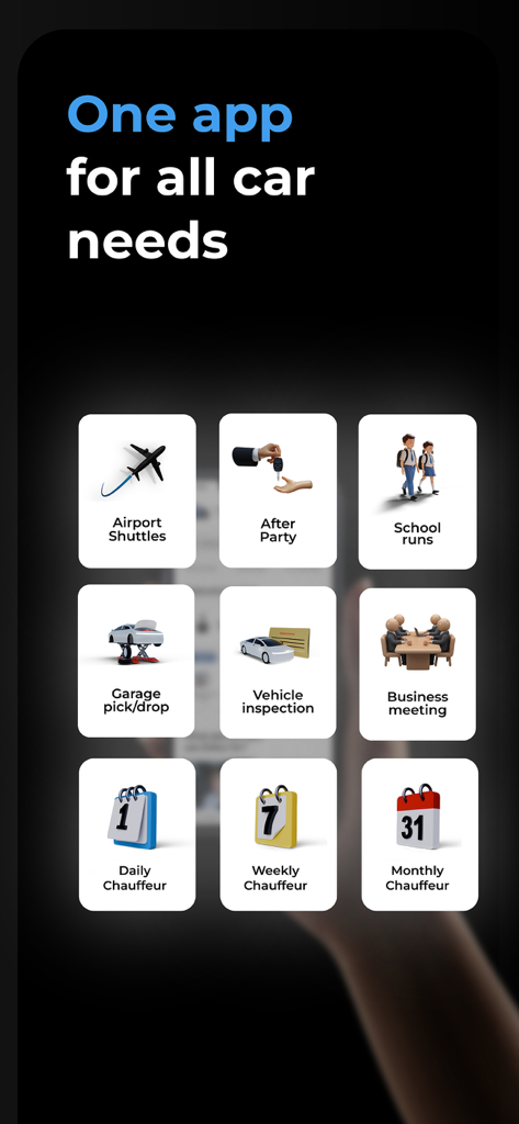 Zofeur app interface showing various chauffeur services including airport shuttles, school runs, and vehicle maintenance options