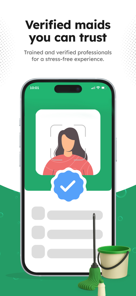 Pronto: House Help in 10 Mins - Smartphone displaying a verified professional maid profile on the Pronto house help app