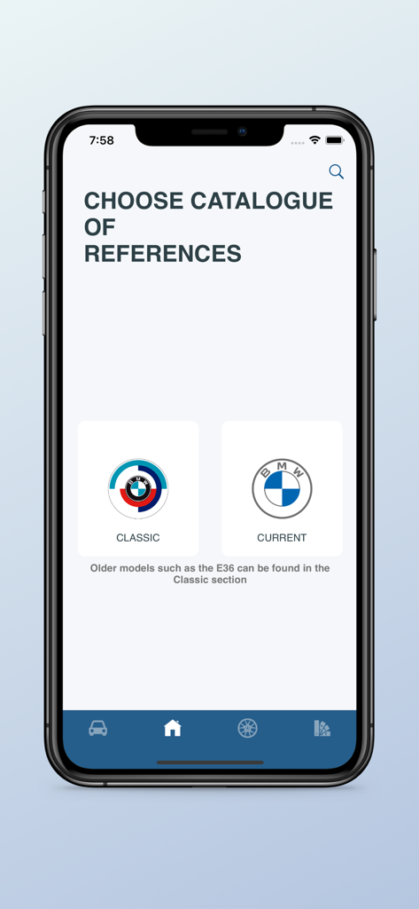 BimmerRefs app interface for choosing between classic and current BMW parts catalogues.