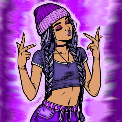 realistic teenage girl with braids and a beanie and crop top doing 🫶🏼