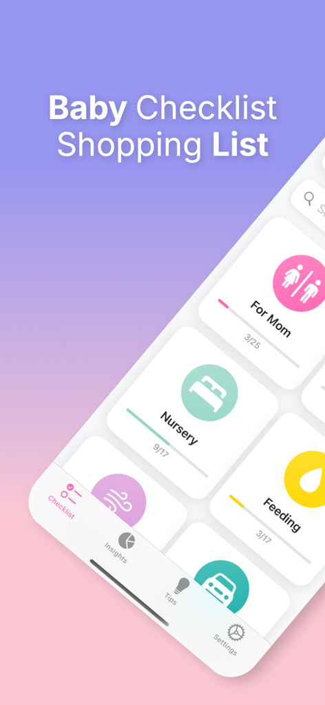 Baby Checklist app dashboard showing organized shopping categories like Nursery and Feeding with progress tracking