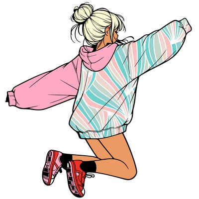 realistic girl jumping with a bun and oversized sweatshirt