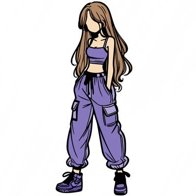 girl in baggy pants crop top and long hair