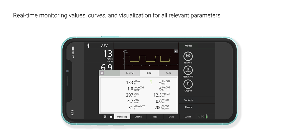Smartphone displaying the VenTrainer app interface with real time ventilation monitoring values and CO2 data