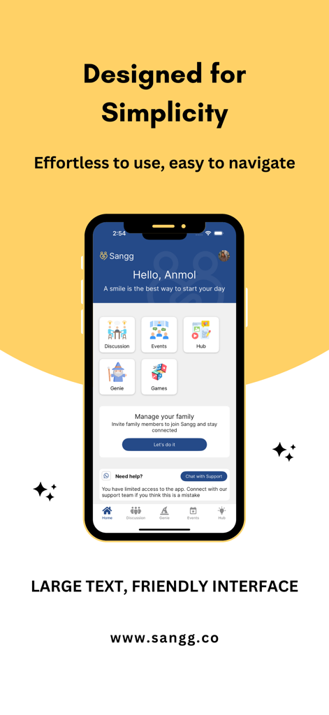 Sangg - Home screen of the Sangg social networking app featuring a clean and simple interface with large text for older adults