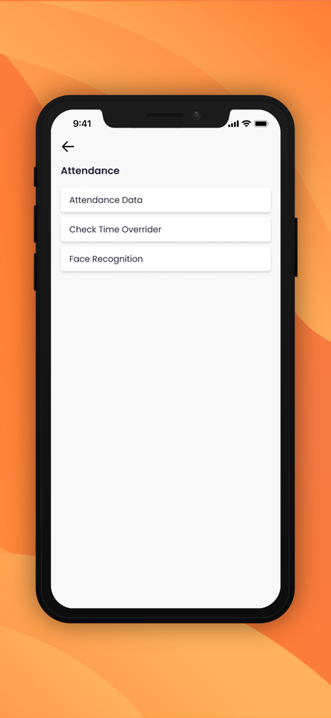 Attendance menu in Haermes Mobile 3 app with face recognition and data options