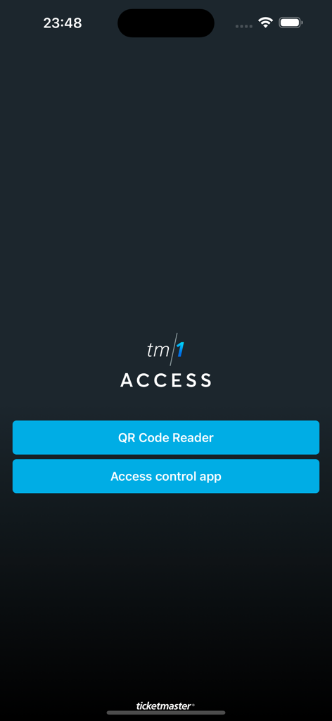 TM1 Access - TM1 Access app home screen showing options for QR Code Reader and Access control