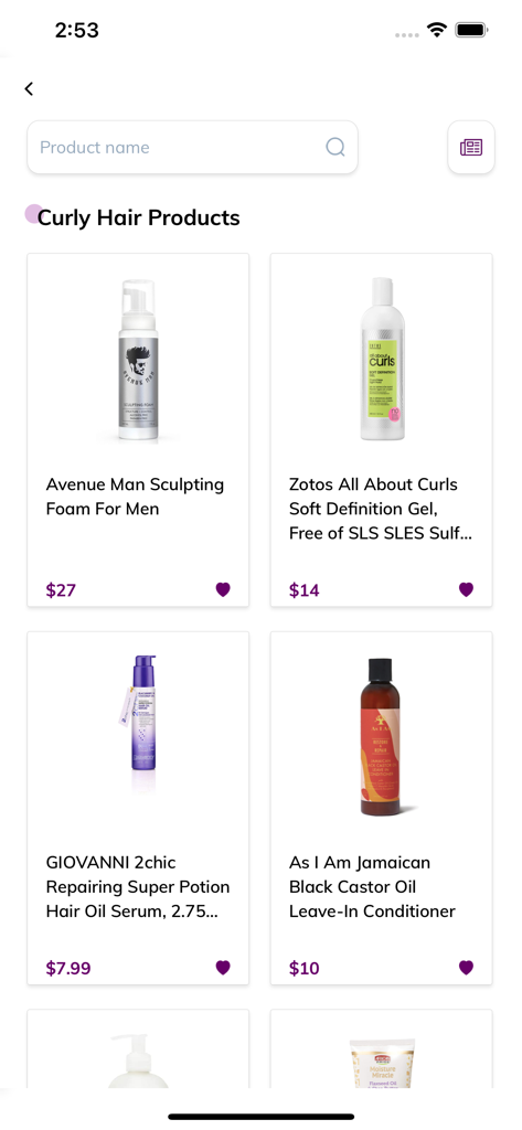 Curl Planet - Tela do aplicativo Curl Planet mostrando vários produtos para cuidados com cabelos cacheados e barra de pesquisa