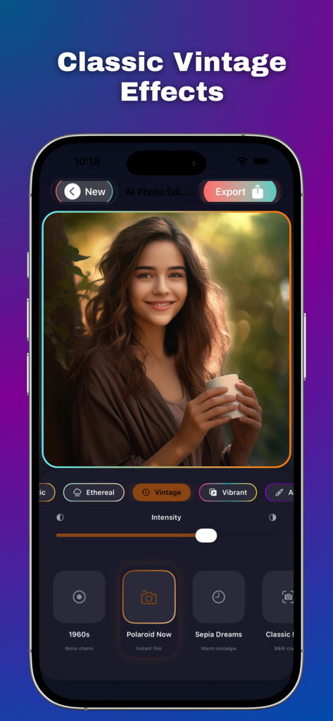 AI Photo Editor+++ - AI Photo Editor app interface displaying vintage and polaroid photo effects