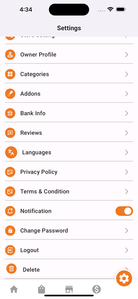 PolePoleFood Store - Settings interface of the PolePoleFood Store merchant app displaying store management options like categories, addons, and bank info.