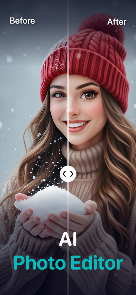 Before and after split screen comparison of a portrait enhanced by AI photo editing