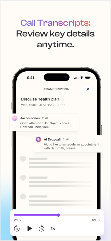 Dropcall: AI Voicemail & Phone - Dropcall app interface showing a call transcript of an AI assistant scheduling an appointment