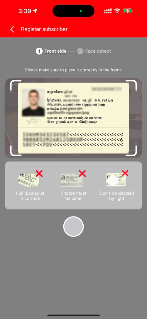 Scanning an ID card for subscriber registration in the mDealer app