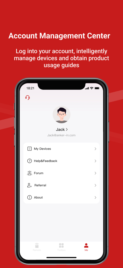 Nebula Connect App Kontoverwaltungs-Center-Oberfläche, die das Benutzerprofil und die Geräteeinstellungen zeigt