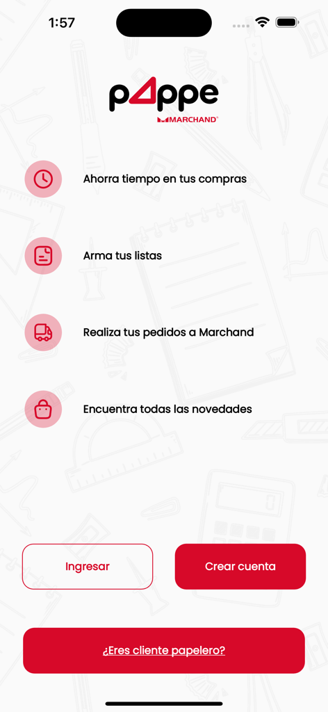 Marchand pAppe - Welcome screen of the Marchand pAppe stationery app showing features and login options in Spanish