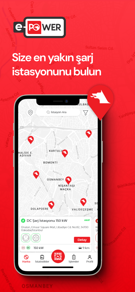 e-POwer mobile app showing a map of electric vehicle charging stations in Istanbul