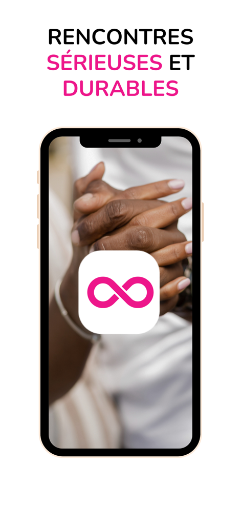 NousDeux - App de rencontre - A smartphone screen showing the NousDeux logo over a couple holding hands with text promising serious and lasting encounters