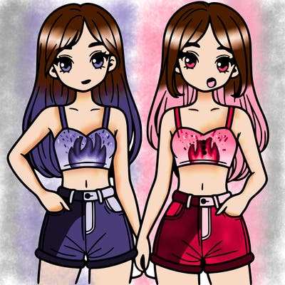 two sisters with crop tops and jean shorts and straight hair