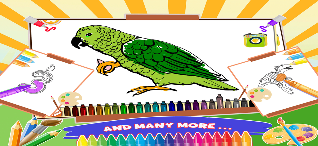 Coloring Book Fun Doodle Games - Kids coloring book interface featuring a green parrot and various drawing tools
