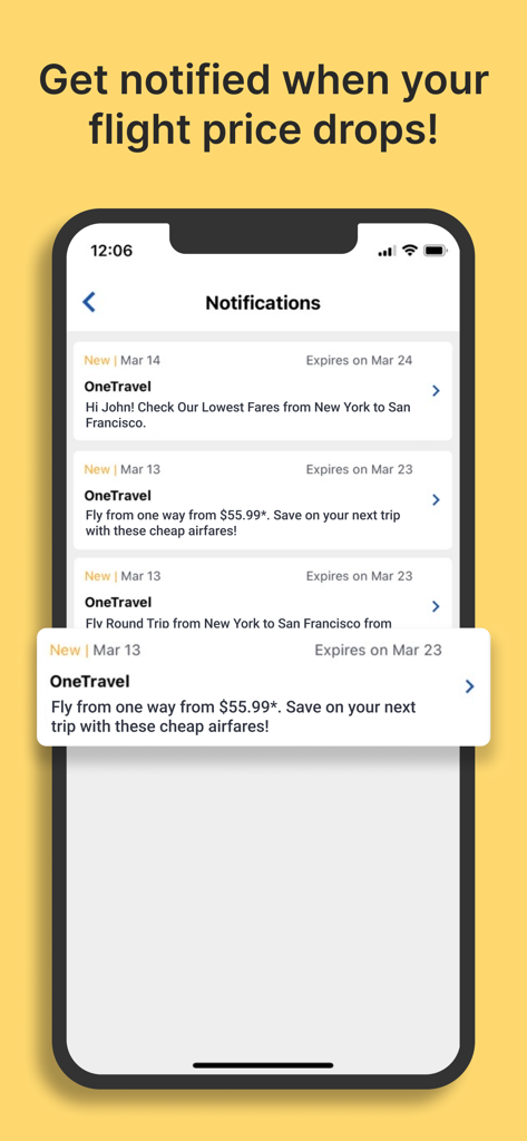 OneTravel Flight & Hotel Deals - Una pantalla de smartphone que muestra la lista de notificaciones de la aplicación OneTravel con alertas de tarifas de vuelos baratos y caídas de precios.