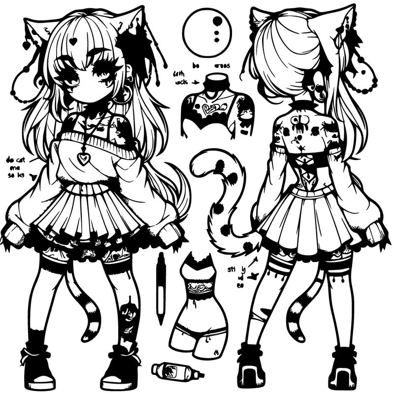 a girl thats part cat and is anime, has tattos is wearing a goth sweater wearing a skirt long socks heels has piercings