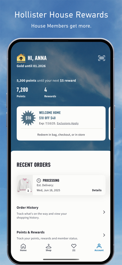 Hollister Co. - Hollister Co app dashboard showing user rewards points membership status and recent order history