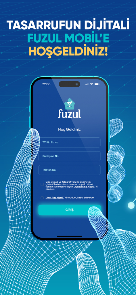 Login screen of the FUZUL Mobil finance app showing the welcome page and entry fields