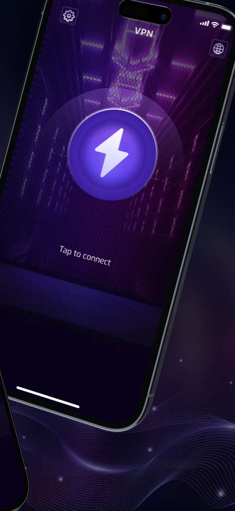 One tap connection interface of the VPNClub private proxy app featuring a lightning bolt icon