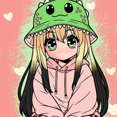girl with anime shaped eyes with a dinosaur bucket hat oversized sweatshirt long straight hair